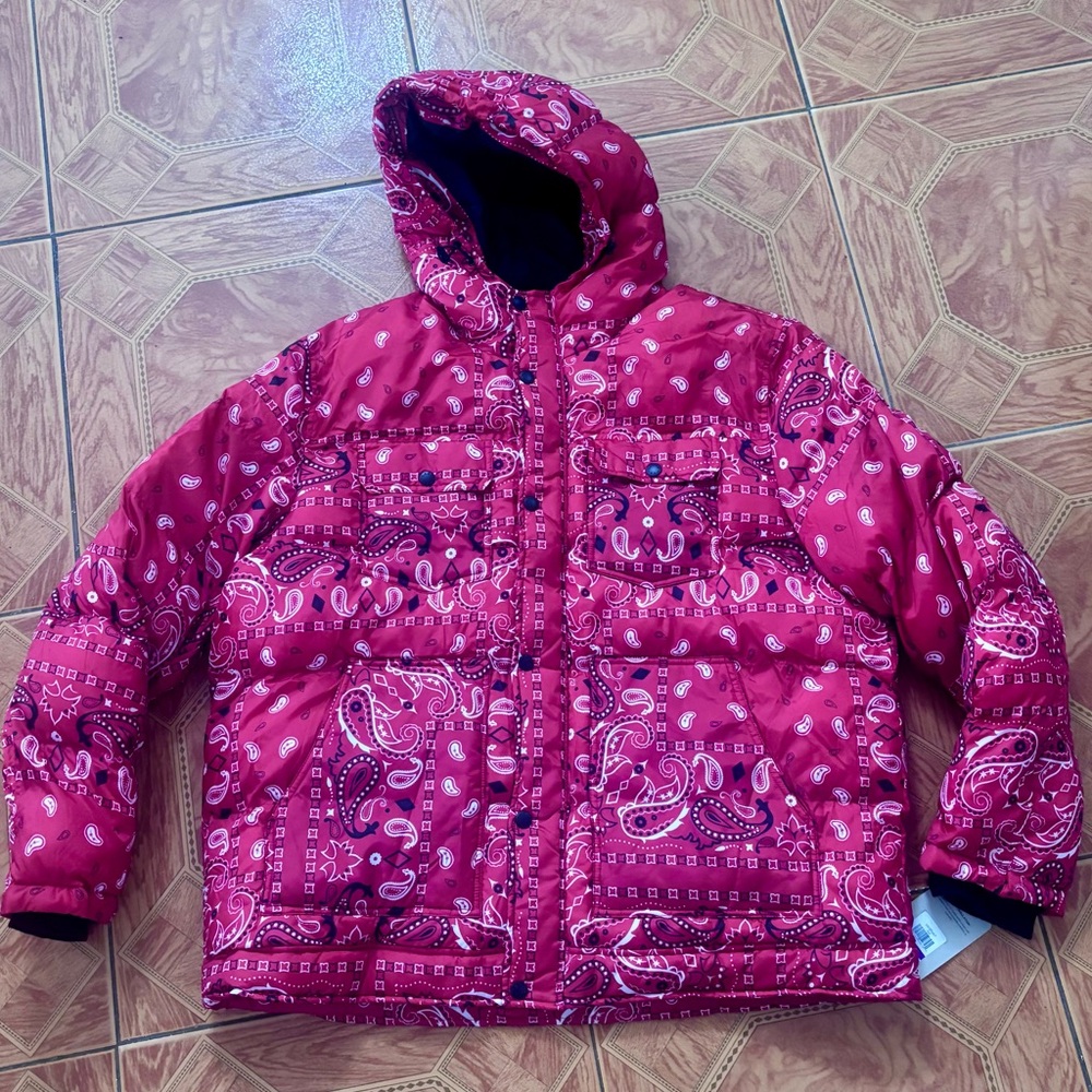 Levi Men’s Hooded Puffer Trucker Jacket Red Bandana Polyester Size XXL